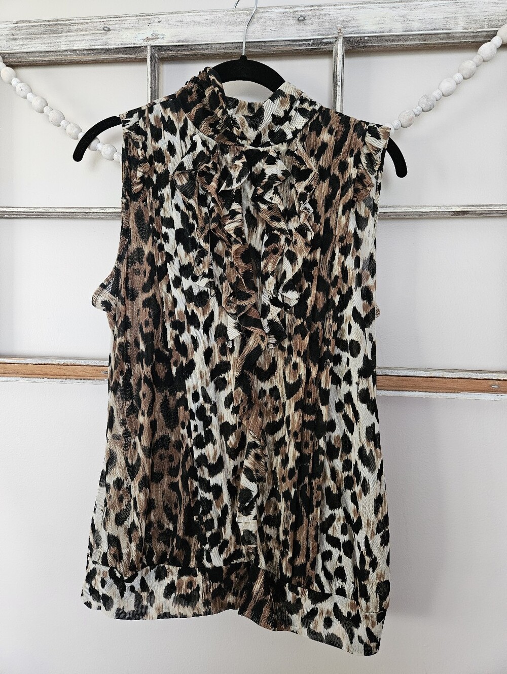 The Limited Sleeveless Leopard Print Ruffle Mock Neck Sheer Top Women's Large